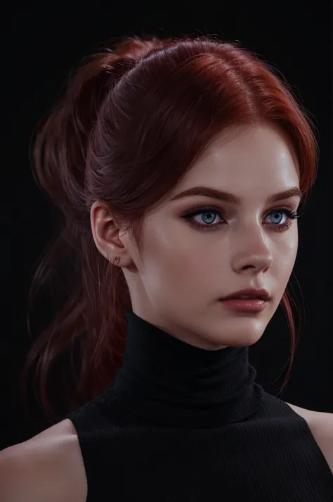 woman ,auburn-red-hair, medium hair, hairy , pale, black  turtleneck, eyeliner,portrait, beautiful woman, beautiful female ,beau...