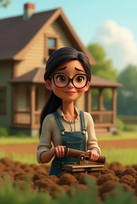  Create a Pixar-style character. This is a 40-year-old , brown ,  girl with long straight hair and dark brown eyes, wearing glasses.  He is working with a tillage machine , in front of a house, providing a better service  