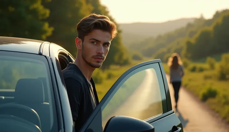 a young man gets out of a car, a woman is seen in the distance, with the road in the background