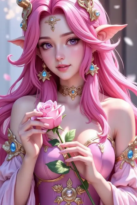 close-up of a woman in a pink dress holding a rose,  digital art inspired by rossly , artstation, fantasy art,  beautiful and at...