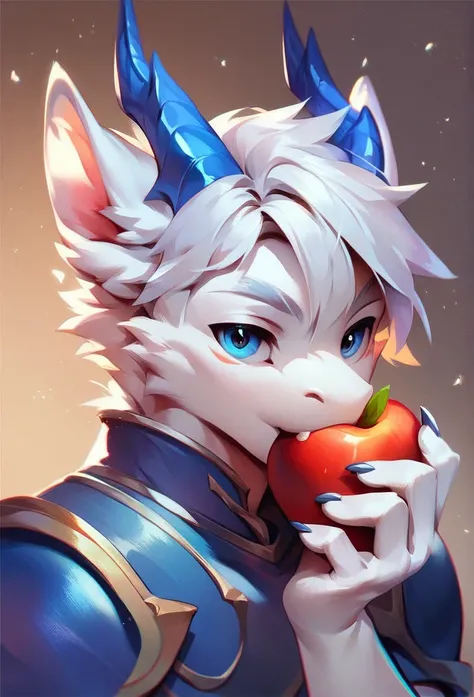 check_9, check_8_up, check_7_up, source_fluffy, rating_safe, 1 male, anthro white dragon with blues eyes and white hair with horns, poses seductively wearing sexy blue armor, eating an apple