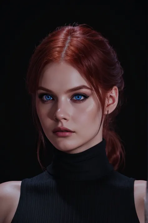 woman ,auburn-red-hair, medium hair, hairy , pale, black  turtleneck, eyeliner,portrait, ,eyeliner ,digital painting, smooth, dr...