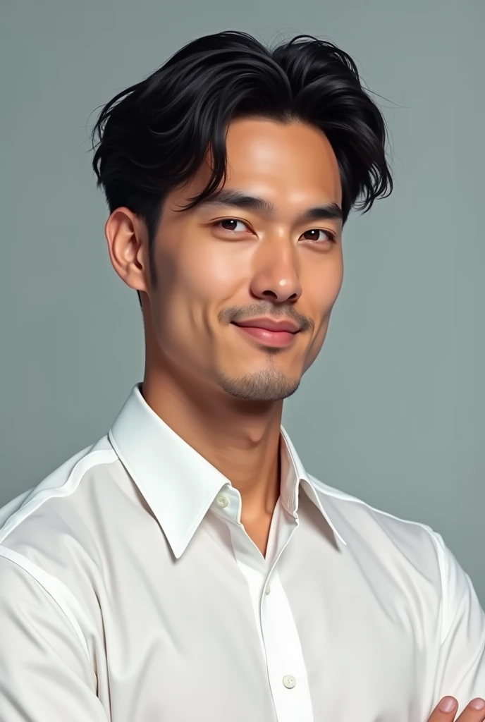 a 29-year-old man, businessperson, Tall wavy black hair wearing white Stilo coaching blouse, shaved