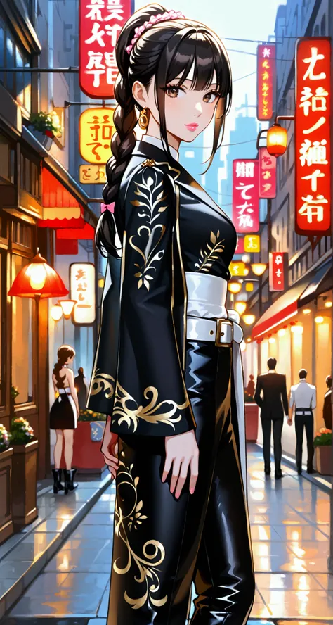 young woman, with long black hair and a high braid "ponytail", The eyes are dark brown,  Slim figure , Medium Pink Lips, neat   , dressed in black haori with a white wide belt,  on her feet black high boots ,  stands against the city in the background , se...