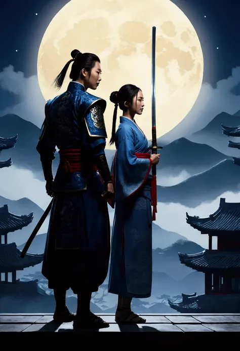 (((best quality))),(((ultra detailed))),(((masterpiece))),illustration,1man,1woman,swordsman,woman warrior,traditional Chinese clothing,standing,ink style,martial arts,pose,rooftop,moonlight,night,background,ancient Chinese architecture,misty mountains,sil...