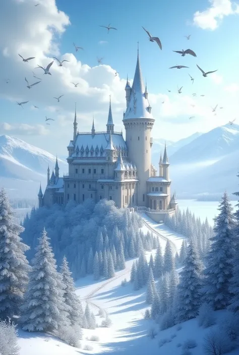 Create a Snow White castle background with flying birds