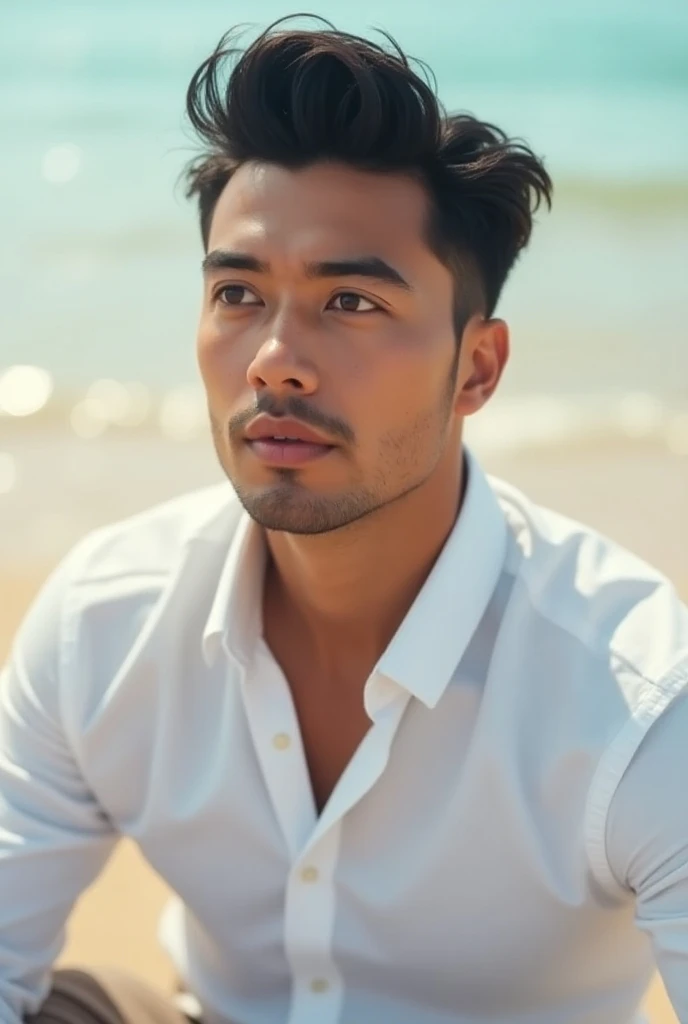 a 29-year-old man, businessperson, high, Wavy black hair wearing white Stilo coaching blouse, shaved,  on the beach 