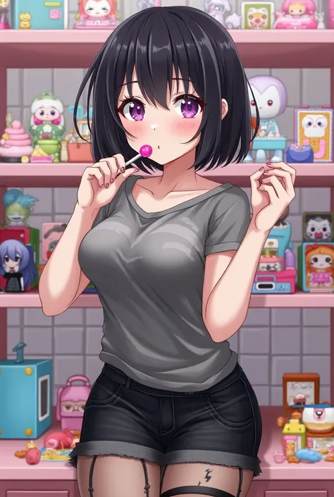 toys, Black blush , Rice, purple eyes, Holding the mouth,  Shiny pupils ,  black hair ,  short hair, mechas roxas, medium breasts, big ass, of coasts, lollipop in the mouth,  black bonded denim shorts,  glued gray top ,  pierced stockings , 
