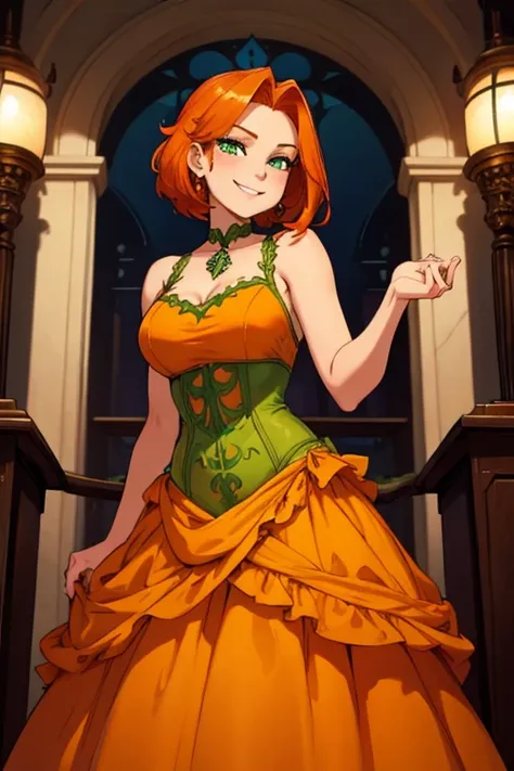 Perfect face. Perfect hands. An orange haired woman with green eyes with an hourglass figure in a green ballgown is smiling in a Gothic ballroom