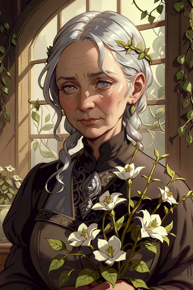 middle aged woman apothecary, silver hair, closeup portrait, glasshouse background with vines, beautiful detailed eyes, extremel...