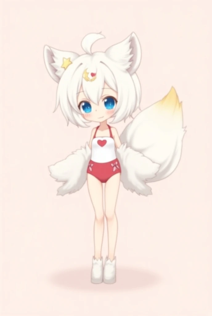 

---

"A younger, style anime anthropomorphic female character with fox or cat-like features, standing on a soft pink background. She has short, fluffy white hair with a yellow star accessory on the left side, large innocent blue eyes, and big, fluffy fox...