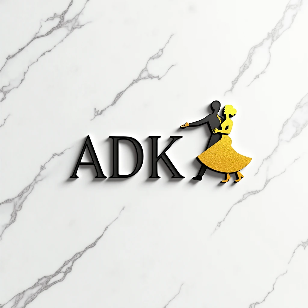 Realistic 2D logo on the white granite wall with the name ADK slogan KUKINA KWETO DANCE ACADEMY on the right side the symbol of a couple dancing in gold color 