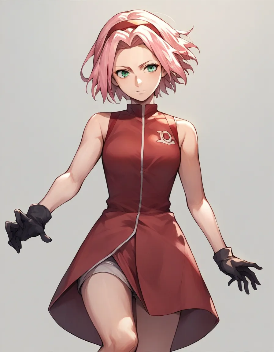 break, source_anime,
1girl, haruno sakura, pink hair, short hair, green eyes, source_anime, sleeveless, red shirt, beautiful leg...