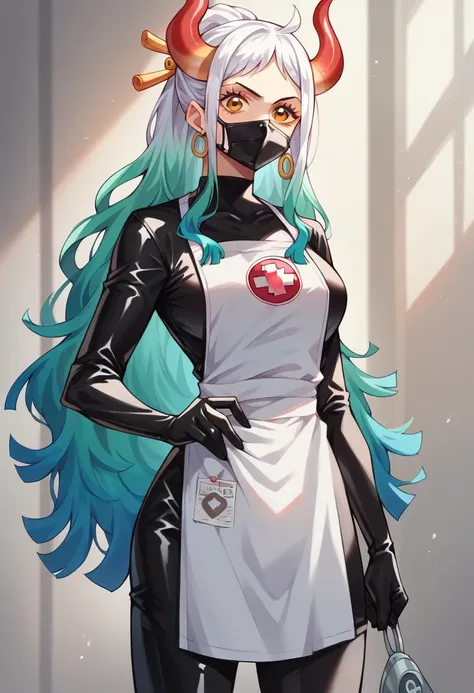 One piece,  yamato, (( extra long medical latex gloves)), (black paramedic suit ), ((long sleeves)),   Looking at the viewer , standing, One,  medical mask , rubber medical apron