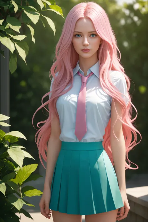 Masterpiece, Young Beautiful Girl has long pink hair, and sky blue eyes, 1girl, AS-Adult, long-haired, pinkhair, wavy hair, small-breasts. Wavy hair. Sky blue eyes, no bangs, symmetrical face. She wears a white shirt with dark green tie, dark green skirt. ...