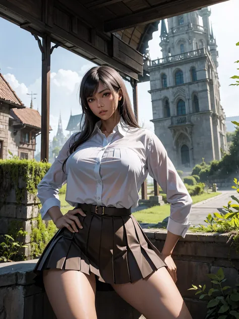 ada wong, (brown skin:1.2), (shirt, pleated skirt:1.2), (hands on hip, spread legs:1.1), huge tit, thick thighs, silver hair, fl...