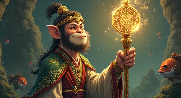 "Sun Wukong, The Monkey King ,  contemplates his newly discovered magic staff ,  once an immense pillar in the underwater palace of the Dragon King . He holds it with reverence ,  looking For the intricate details carved along the golden metal ,  still wit...