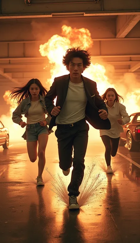 An original photo of action-packed scene featuring three people Japanese,1 male and  2 female characters running towards the viewer inside a parking garage, with cars exploding behind them, emphasizes dynamic movement and intense expression.