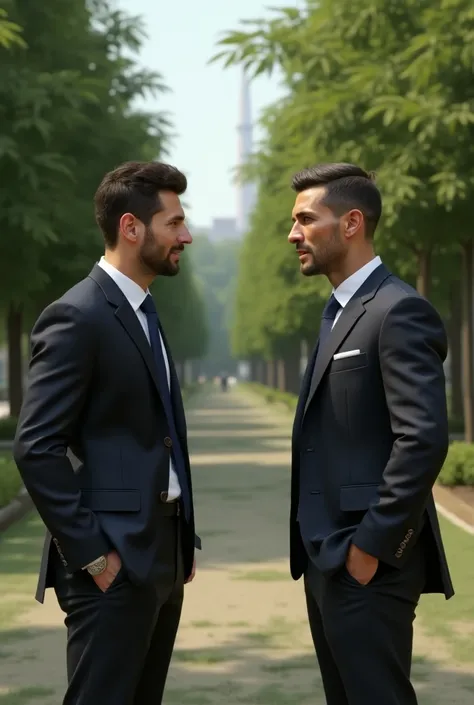 Make the realistic messi and ronaldo image sitting any park and talking to each other with well dress