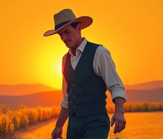 The French sower sows in the orange light of the setting sun.