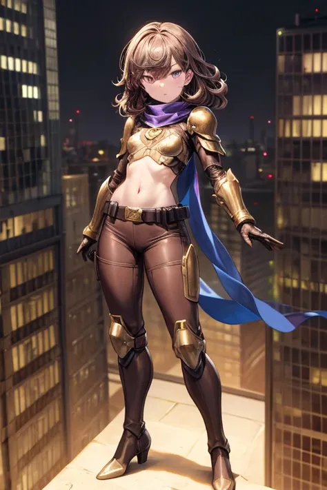 ((best quality)), ((masterpiece)), (detailed), 1 girl, full body, 20s, young adult, long blue scarf, wavy brown hair with a bang, bangs, purple eyes brown collar, somewhat short, very thin, long blue scarf, brown collar, very thin, brown details, big brown...