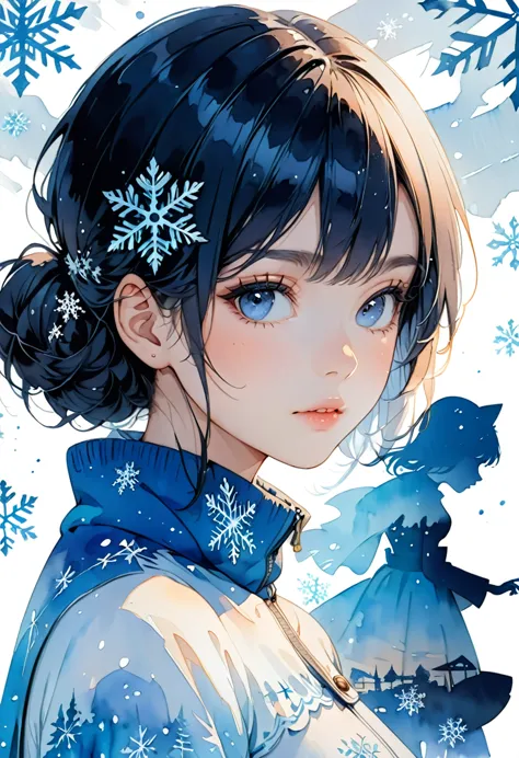 Masterpiece, highest quality, highest resolution, detailed depiction, beautiful, watercolor, silhouette of a Nordic cute girl filled with snow,snowflake, double exposure, crisp lines, blue and white background, 4K graphics.