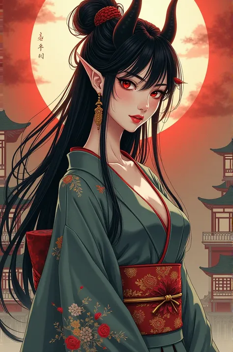 Sexy female demon from taisho era japan in traditional Japanese dress in 2d anime artstyle 