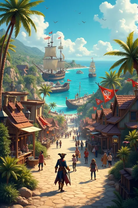 Create me a horizontal image of a pirate-themed park on a sunny day