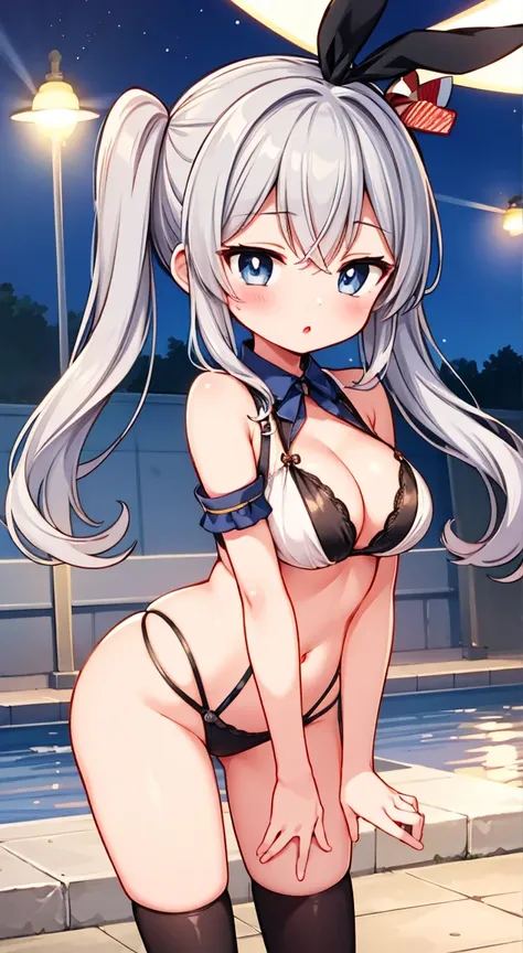 kankore kashima,kankore,shimakaze costume,masterpiece, highest quality, (anime screencap:1.3),(shape), cute,(simple:1), (anime:1.2),Solo Sharp Focus, 1 girl, cleavage,looking at the viewer, nighttime pools,Are standing,twintail hair,beautiful hair,heart sh...