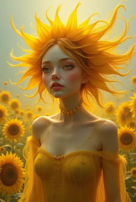 A sunflower woman ,  the woman has eyes like hands, 