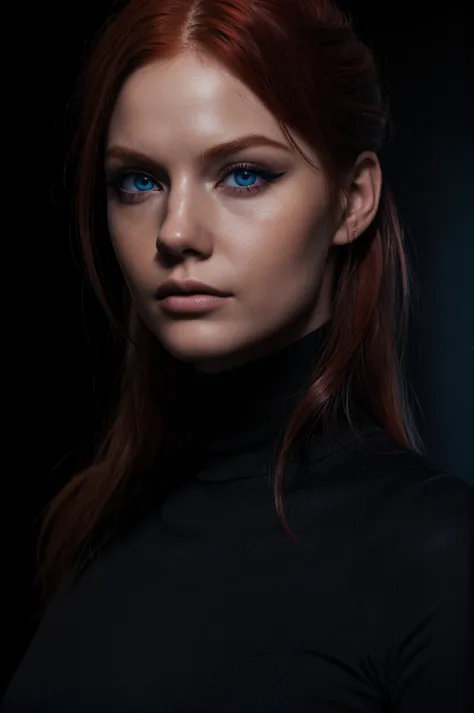 woman , auburn-red-hair, medium hair, hairy , pale, black turtleneck, eyeliner,portrait, ,eyeliner ,digital painting, smooth, dr...