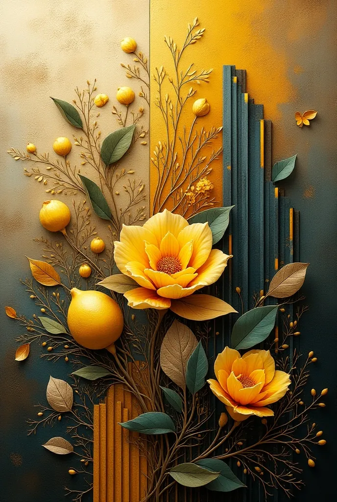  textured painting , abstraction,  bronze, gold, nacre, original story , botany,  architecture ,  splashes of lemon color,  aesthetics