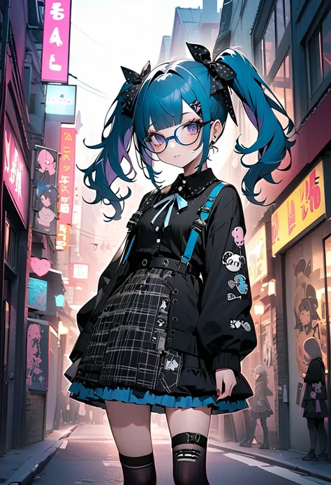 (masterpiece, best quality),(double exposure:1.2), post-grunge, concept art, street snap,detailed depiction,(A cute girl(solo) with black twintail hair and wearing blue frame glasses. Harajuku style, punk gothic lolita fashion),goth-loli,slutty,pose,lens f...