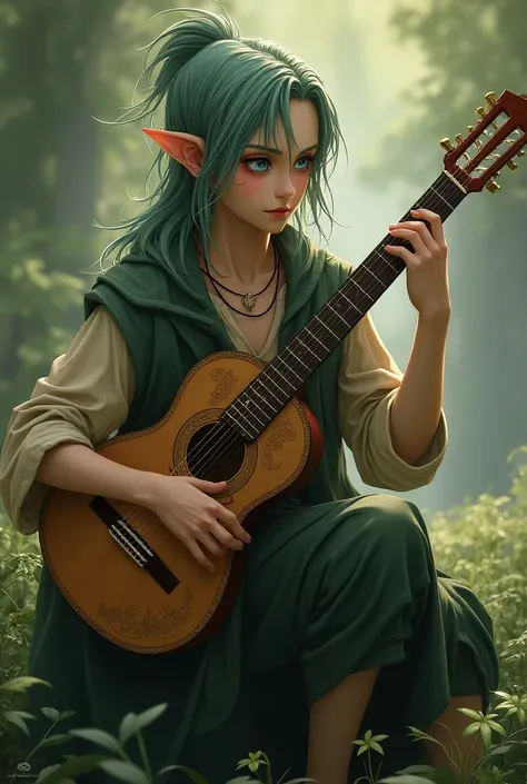 A bard, elfo, Who wears a cavaquinho and has Sharingan and is a man