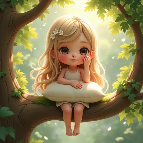  best quality，（Cute：1.1），（Adorable），（ high resolution on down：1.2）， cute girl，Sitting on a tree， holding pillow ，Rubbing eyes