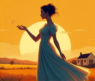  A French woman of great beauty sows seeds dances a field. 
The setting sun gives orange tones to the sky .