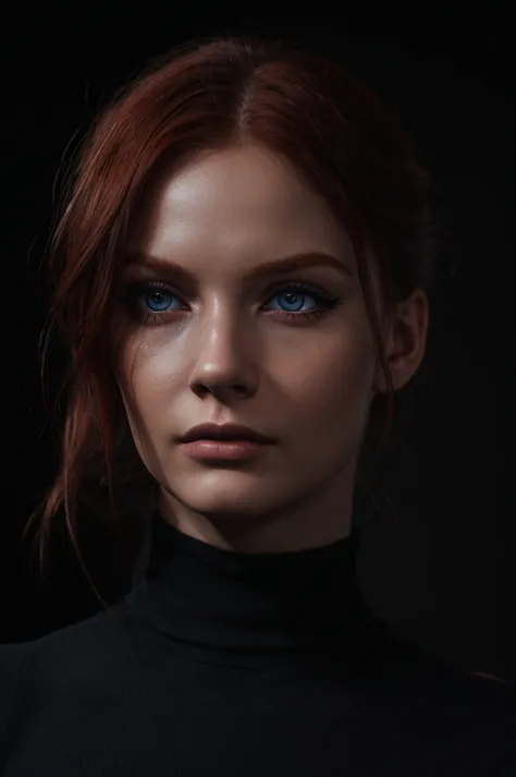 woman , auburn-red-hair, medium hair, hairy , pale, black turtleneck, eyeliner,portrait, ,eyeliner ,digital painting, smooth, dr...