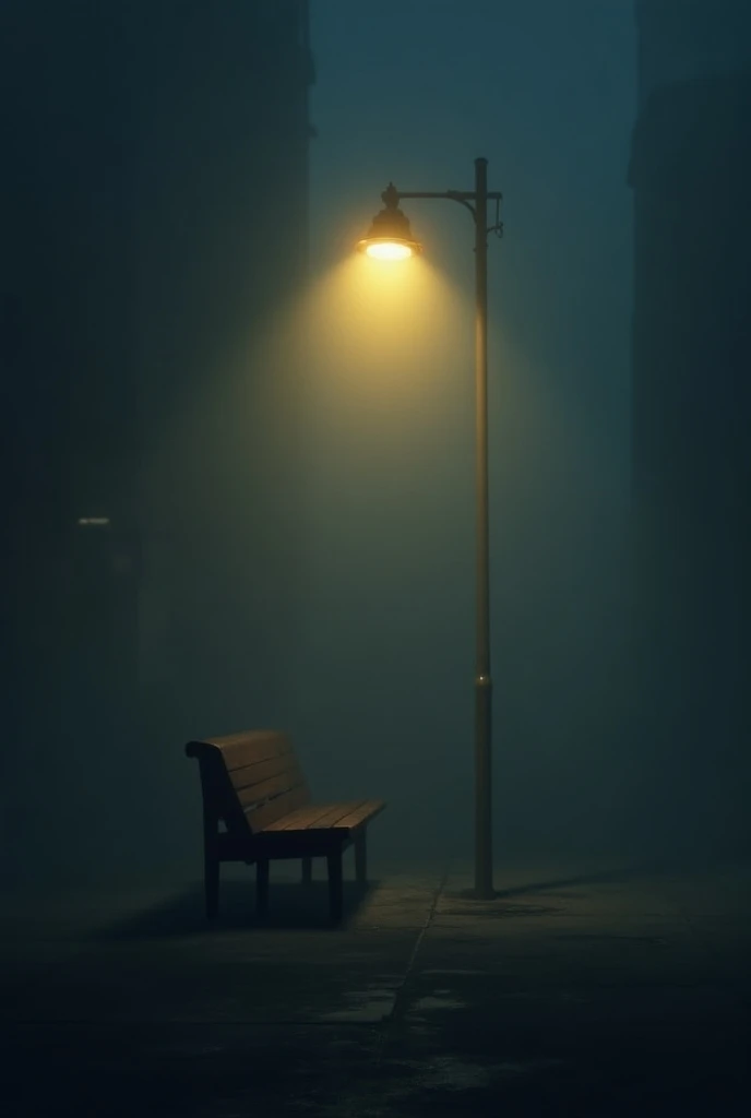 Make an image where a street lamp is glowing in the fog and its light is shining on the bench near it