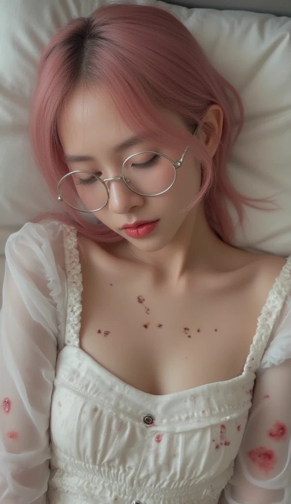 An Asian woman wearing a full latex dress, shutting her eyes, sleeping on a rubber bed. On her body there are scars, small holes with bullet marks in the dress, pierced through the rubber dress and bleeding. Short pink hair, big round glasses.