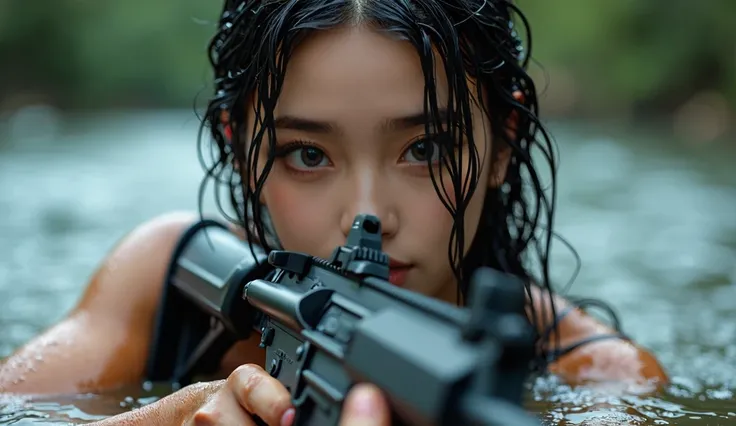 A girl with wet hair and wet skin wearing wet clothes, Realistic assault rifle in hand. Portraits require attention to detail, high quality, 4K or 8K resolution, Similar to Masterpiece. The skin texture should be realistic and the overall image should have...