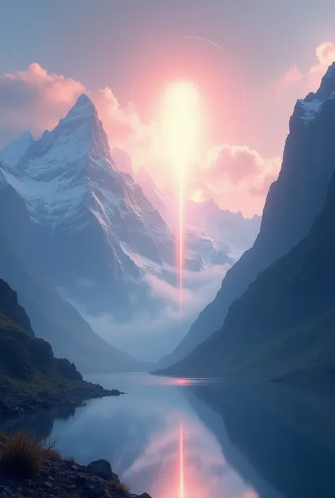 Mountains and valleys at dawn ,  with a bright heavenly figure far away,  indicating the power and mystery of the divine .