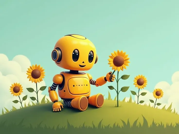  an affable robot that is sitting on the grass of a hill,  the robot has a sunflower in its hand , The robot has rounded shapes ,  the background uses a cool color palette ,  the robot has a warm color palette 