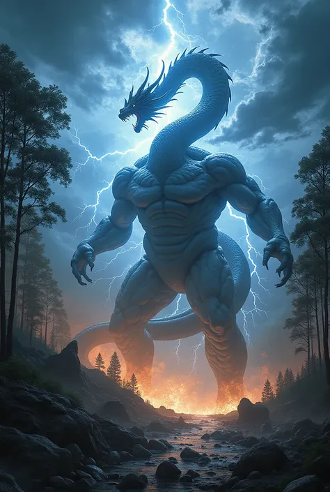 battle between two huge colossal monsters, the Thunder Serpent and the Earth Colossus, facing  in a dark, stormy forest. The Thunder Serpent, crackling with electric energy, coils in midair with lightning flashing around it. On the forest floor, the Earth ...