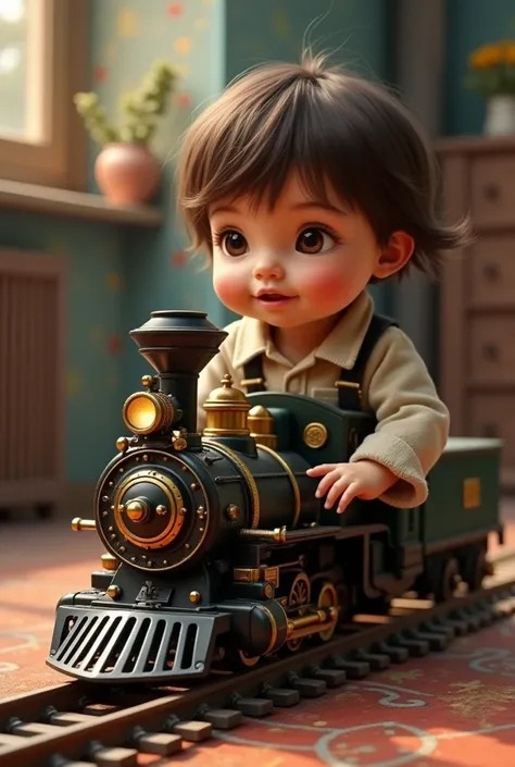 A  plays with a toy locomotive