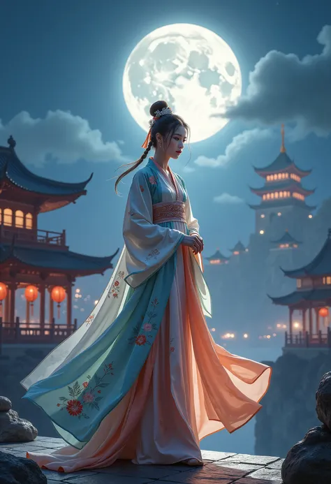 GGGJAAA ,Hanfu, (masterpiece, best quality), 8k , high detail, , night, moonlight, art style , The background is traditional Chinese architecture,Buildings and towers ,