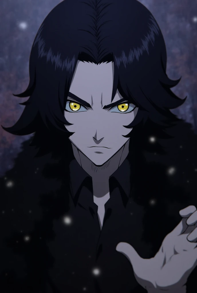 
Create an avatar for my YouTube channel. A 30-year-old man, with long, wavy black hair, yellow eyes and white skin, anime villain style. Solo Leveling Style