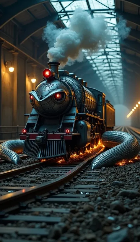 Imagine a monstrous hybrid creature that combines the sleek, serpentine body of a snake with the mechanical, unstoppable power of a train. The snakes body is made of intricate metallic scales that shimmer like polished steel, spiraling around the tracks as...