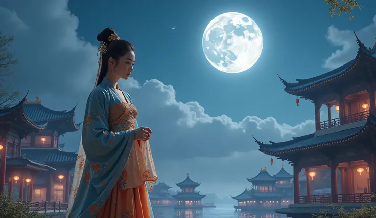 GGGJAAA ,Hanfu, Chinese Clothes ,(masterpiece, best quality), 8k , high detail, , night, moonlight, art style , The background is traditional Chinese architecture,Buildings and towers ,
