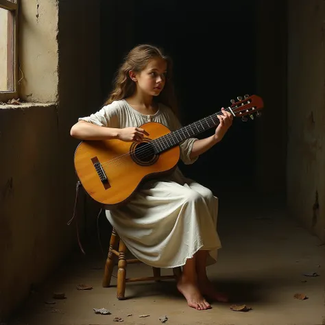 Create an 8k HD painting in the style of the painter Garavaggio ,To a young beggar woman , barefoot , wearing a white dress playing guitar , with details of wear and tear on the guitar sitting on A stool with a light and dark background