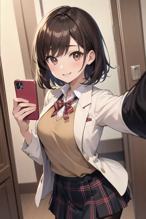 masterpiece、   best quality, beautiful、Fine Lines、 1 girl、High school girl、Brown Hair、 Brown Eyes 、smile、 short hair 、 beige blazer school uniform 、red striped ribbon 、 brown tartan plaid skirt、light black pantyhose 、 Black Man in Tank Top Looking 、Selfie、